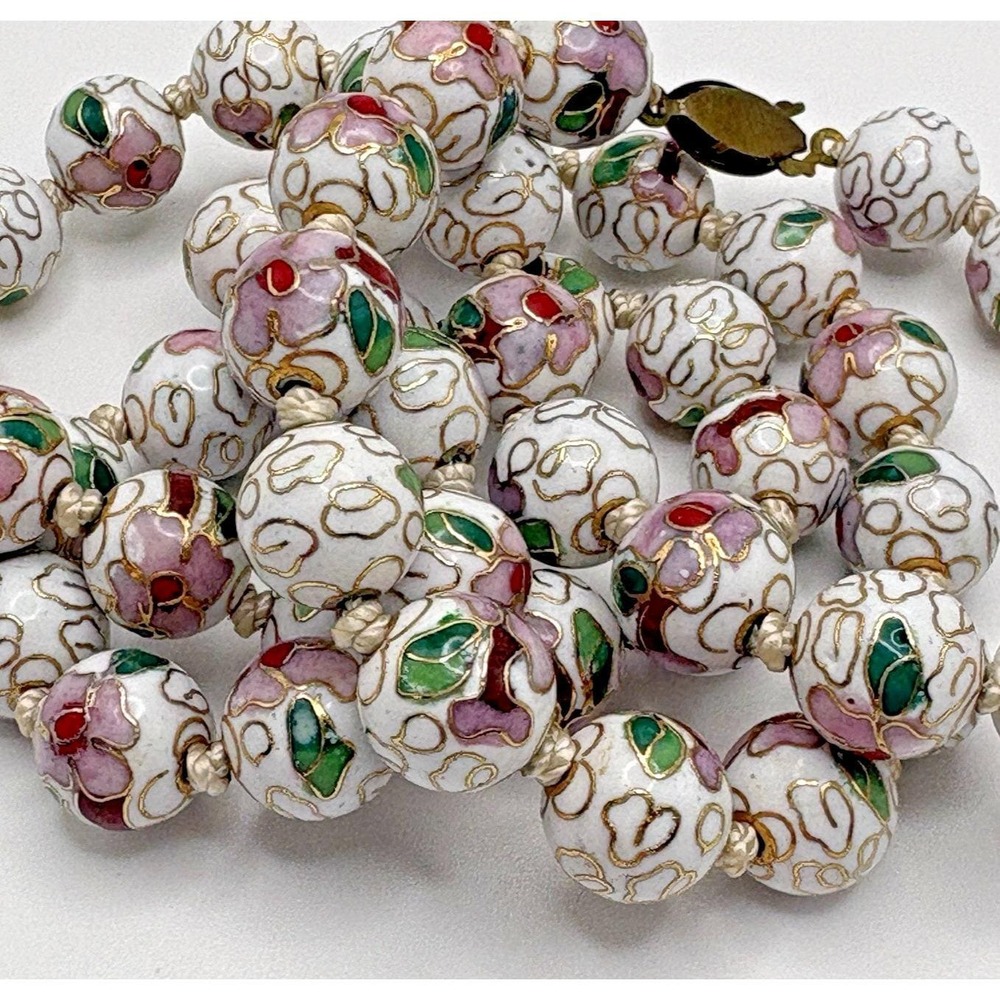 Vintage Cloisonne Beaded Necklace Chinese Export 25" White Pink Enamel Flowers